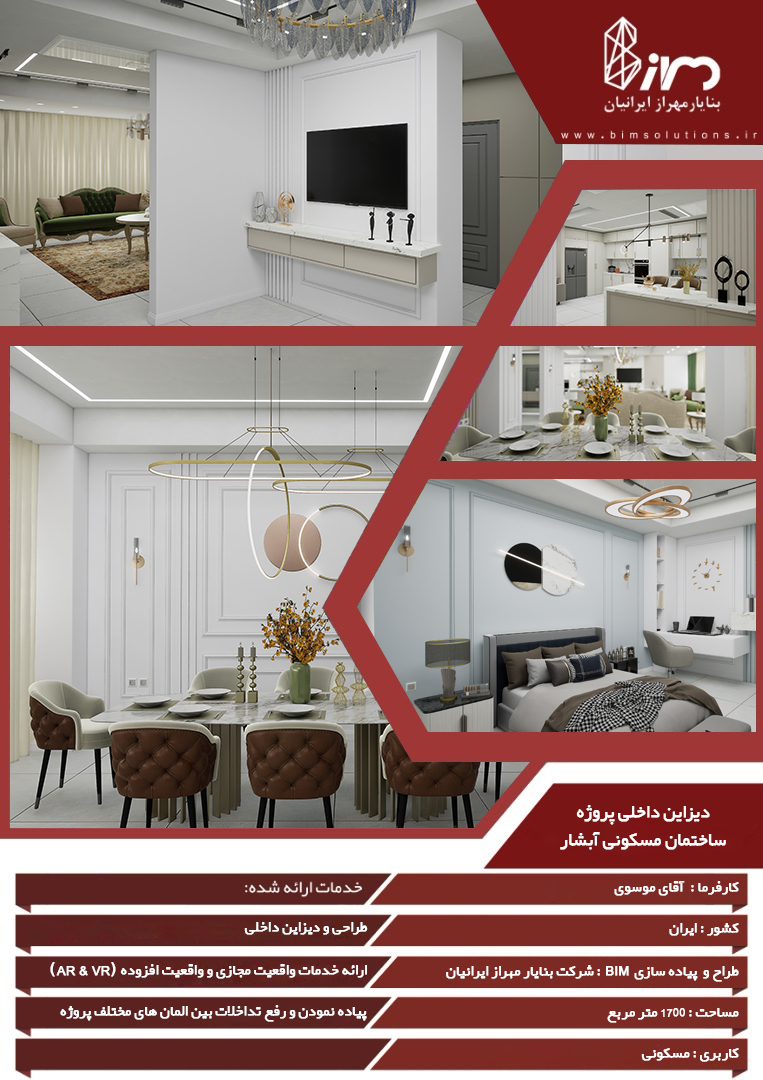 پوستر معرفی طراحی داخلی پروژه مسکونی آبشار؛ شامل رندرهای سهبعدی فضاهای نشیمن، آشپزخانه، سالن غذاخوری و اتاقخواب با نورپردازی مدرن، سقف کاذب و مبلمان هماهنگشده. ارائه خدمات طراحی داخلی، مدلسازی اطلاعات ساخت BIM، رفع تداخلات، و واقعیت مجازی (VR/AR) توسط شرکت فناورانه بنا یار مهراز ایرانیان برای یک واحد مسکونی ۱۷۰۰ مترمربعی